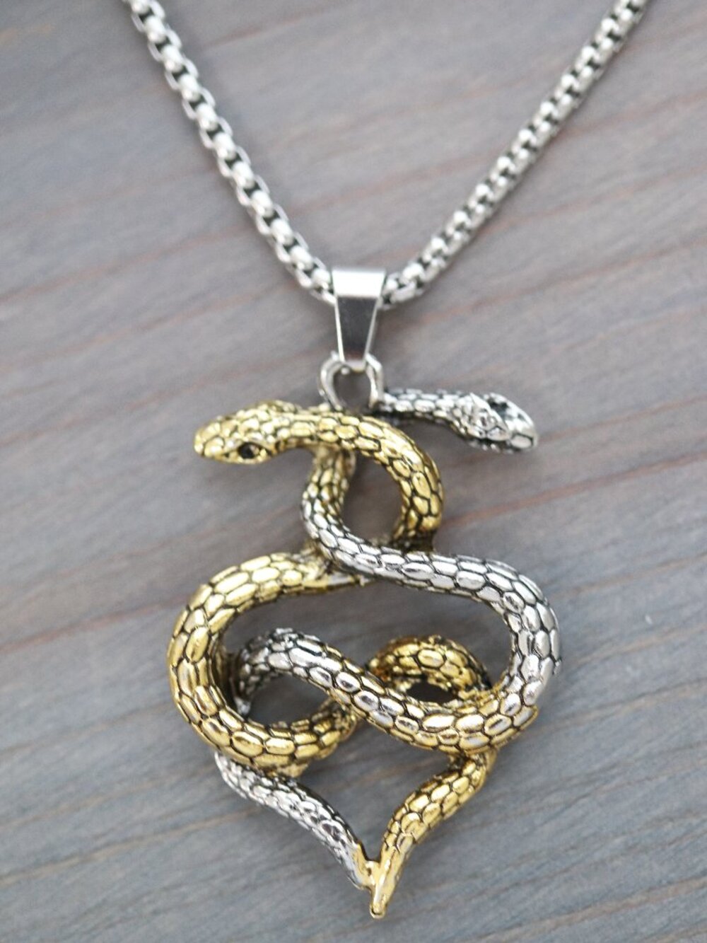 Snake Double Style Pendant Necklace 2-Tone Stainless Steel